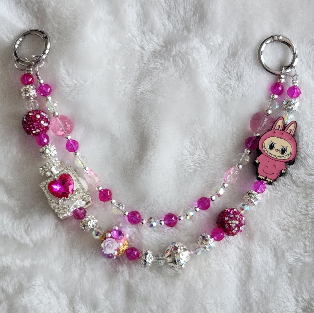 Labubu Pink Beaded Bag Charm Keychain